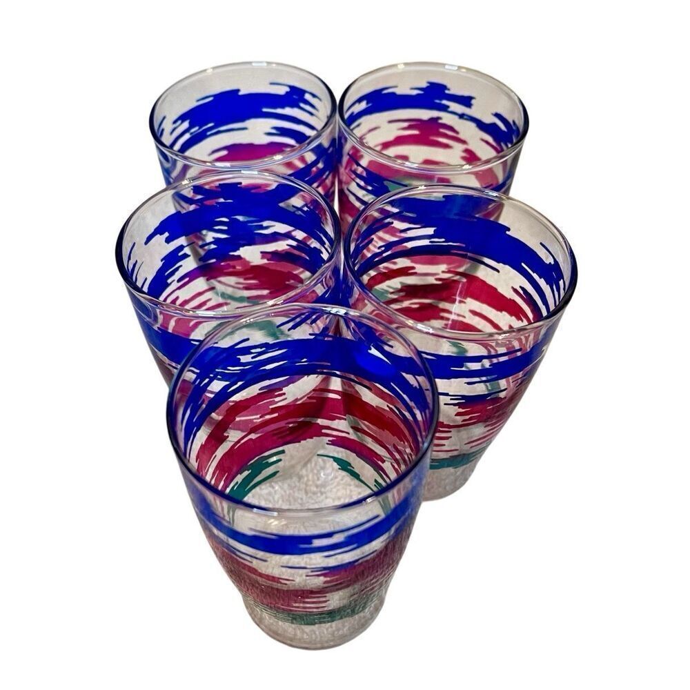 5 Vintage Small Glass Tumblers Set Blue, Magenta, Teal Green Splash Design